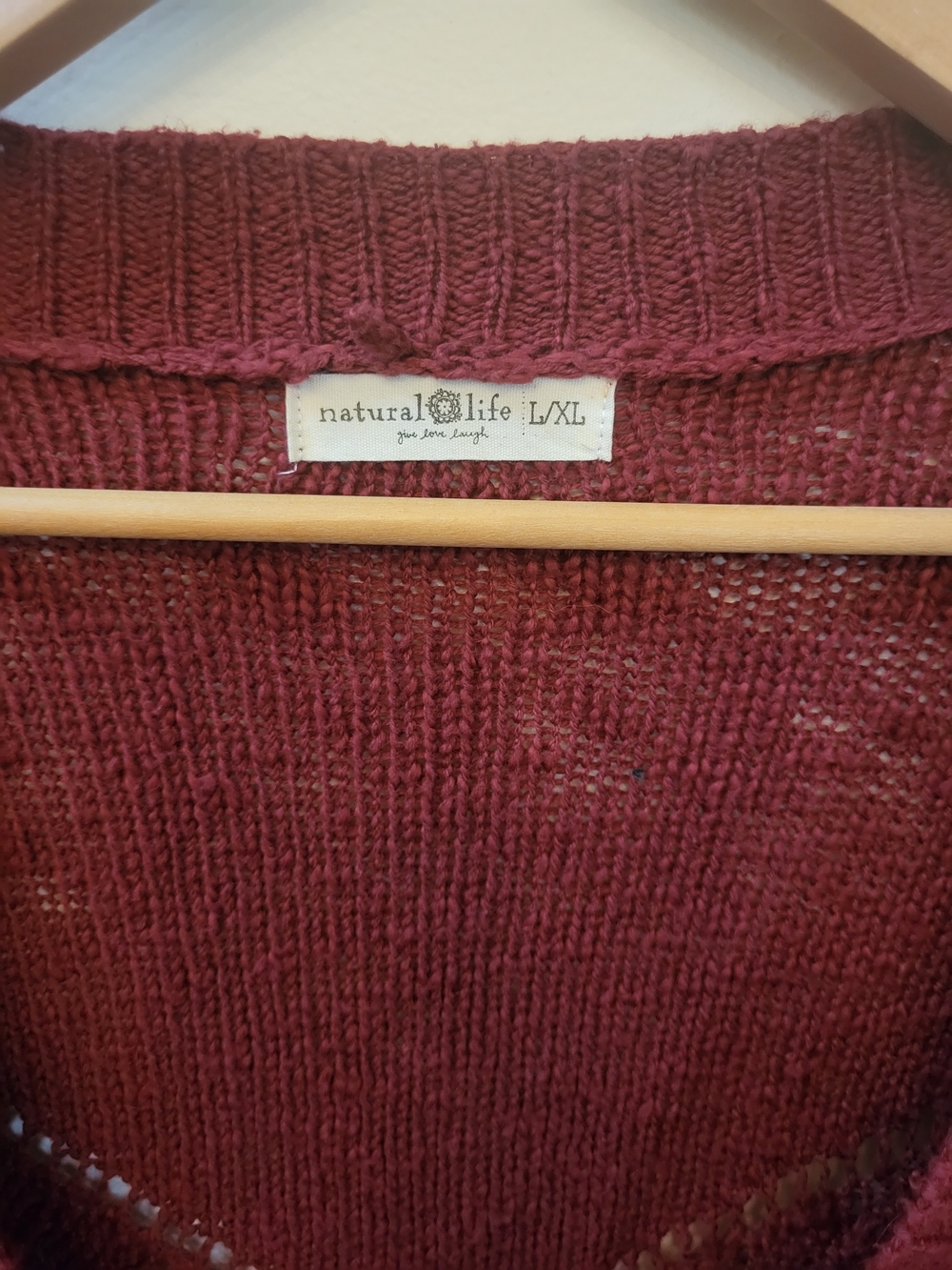 Natural Life Brand. Cotton Cable Open Knit V-Neck Cardigan- Rustic Red Color - Picture 3 of 6